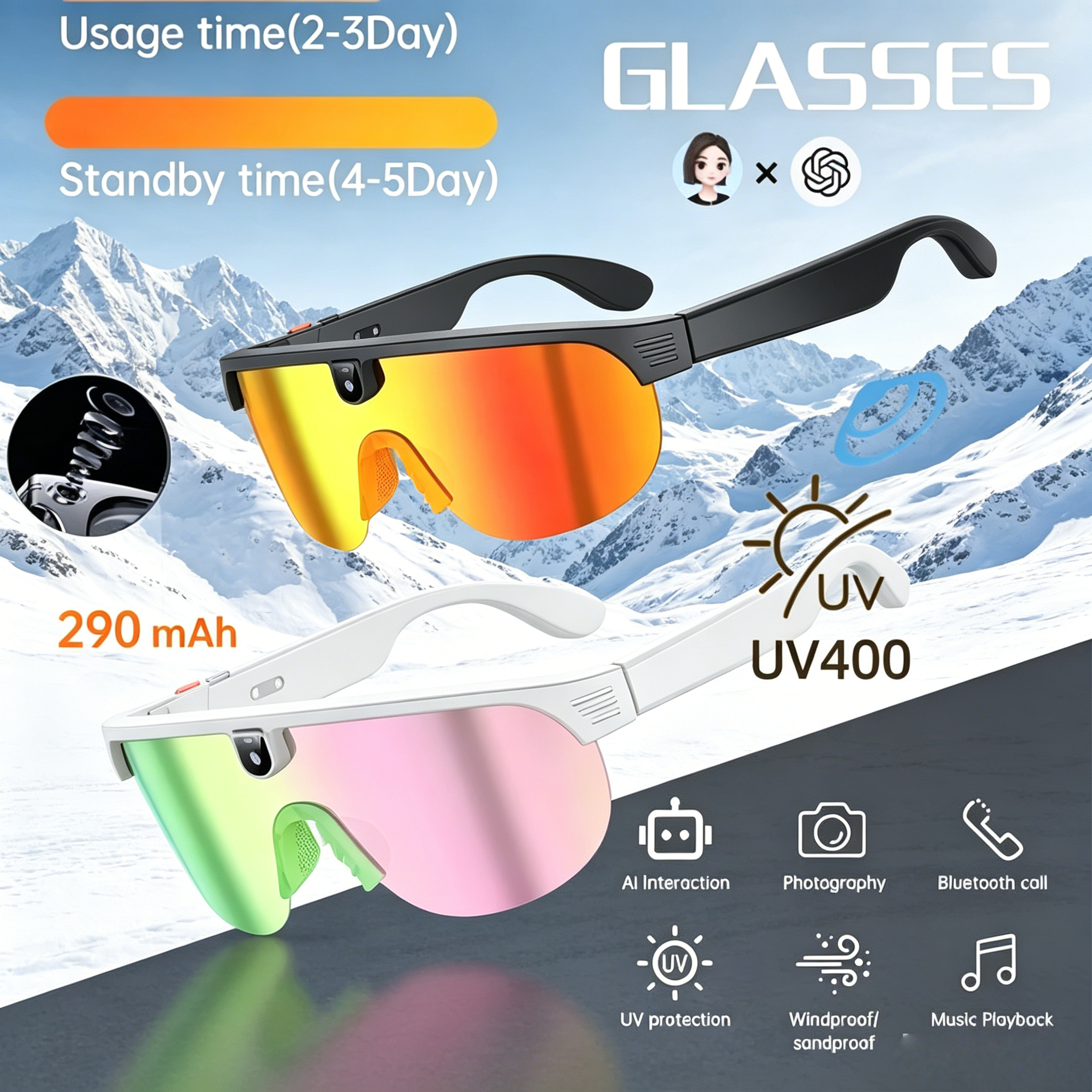 Outdoor Sport Camera - AI Smart Glasses 8MP Pixel 1080P