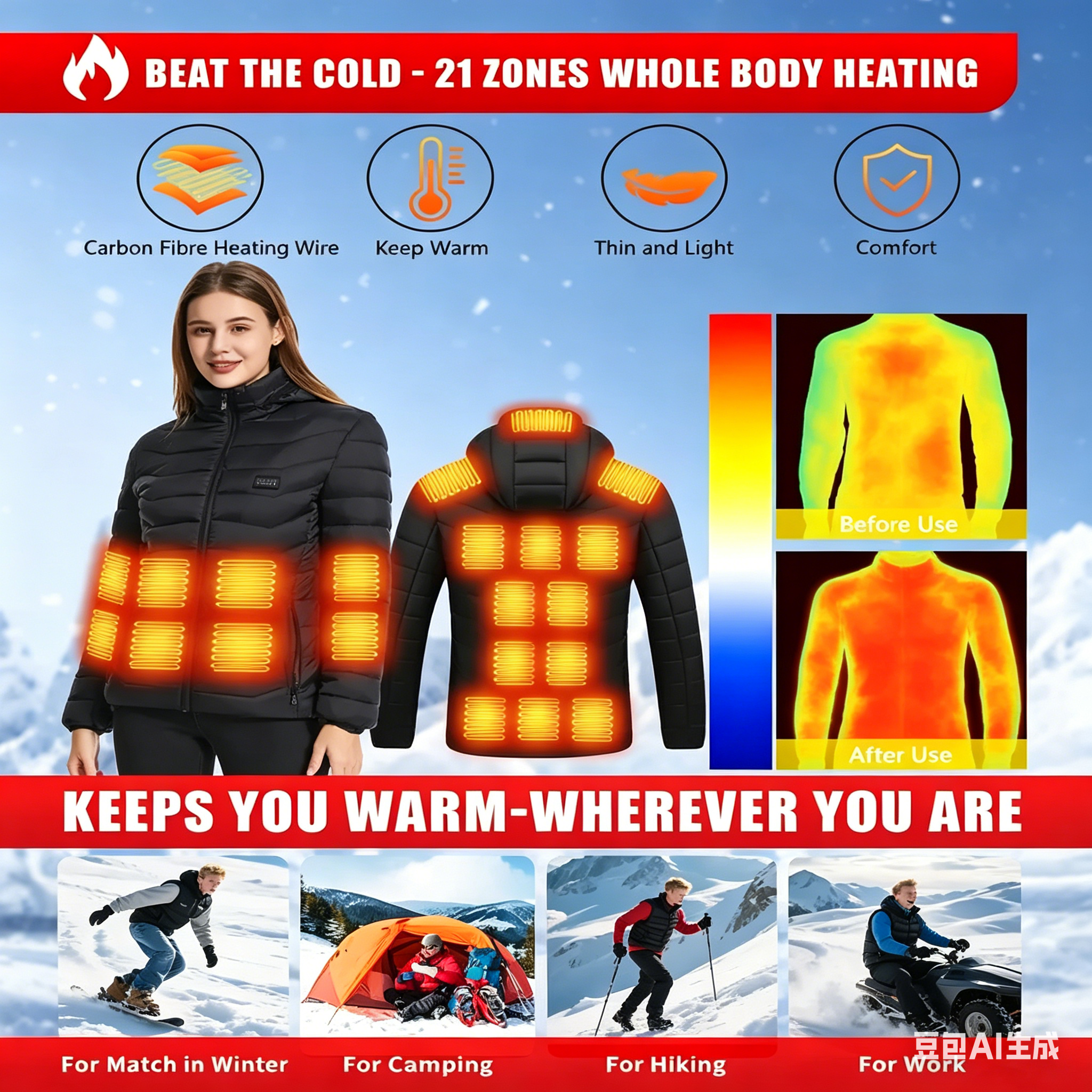23 Areas Heating Jacket, Polye - đánh giá và giá Outdoor Sport Winter Jacket